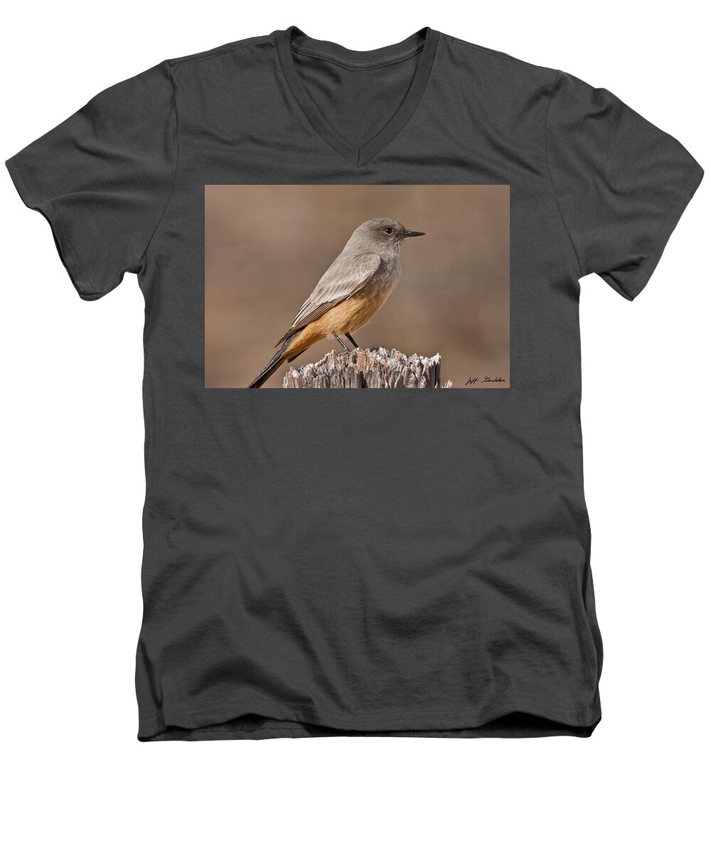 Animal Men's V-Neck T-Shirt featuring the photograph Say's Phoebe on a Fence Post by Jeff Goulden