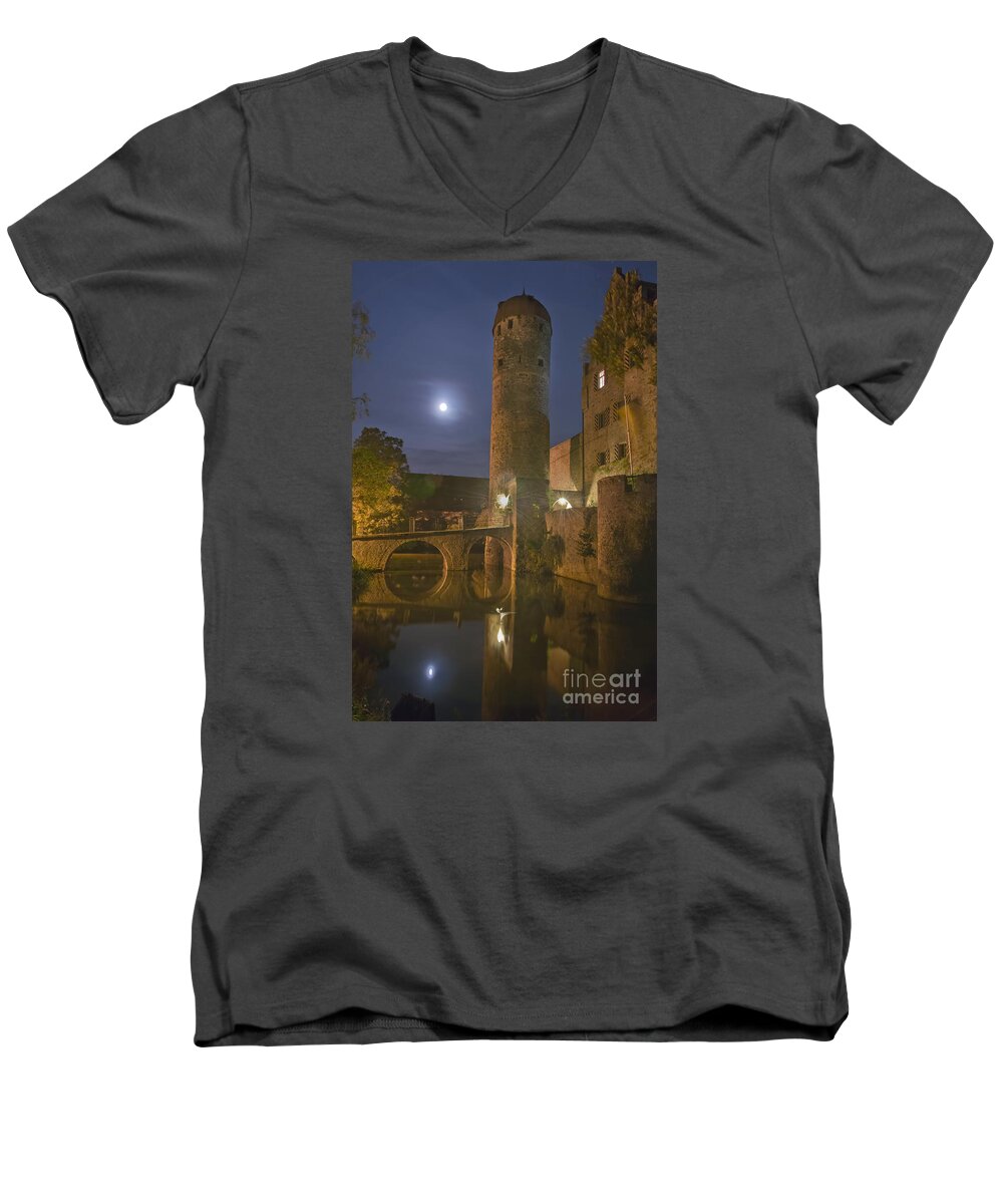 Germany Men's V-Neck T-Shirt featuring the photograph Schloss Sommersdorf by Moonlight by Alan Toepfer