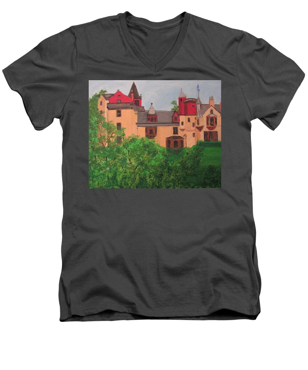 Scotland Men's V-Neck T-Shirt featuring the painting Scottish Castle by David Bartsch