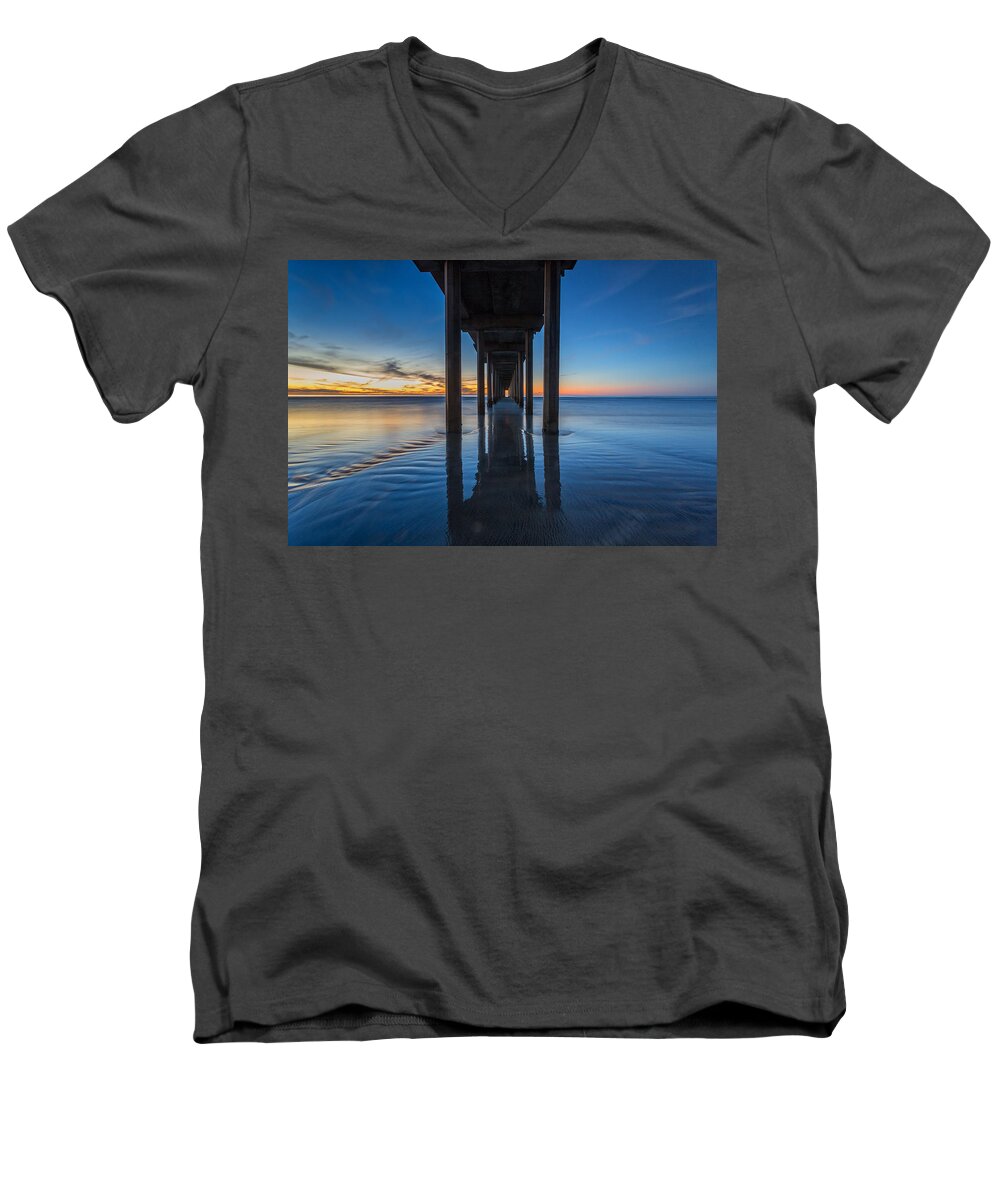 Architecture Men's V-Neck T-Shirt featuring the photograph Scripps Pier Blue Hour by Peter Tellone