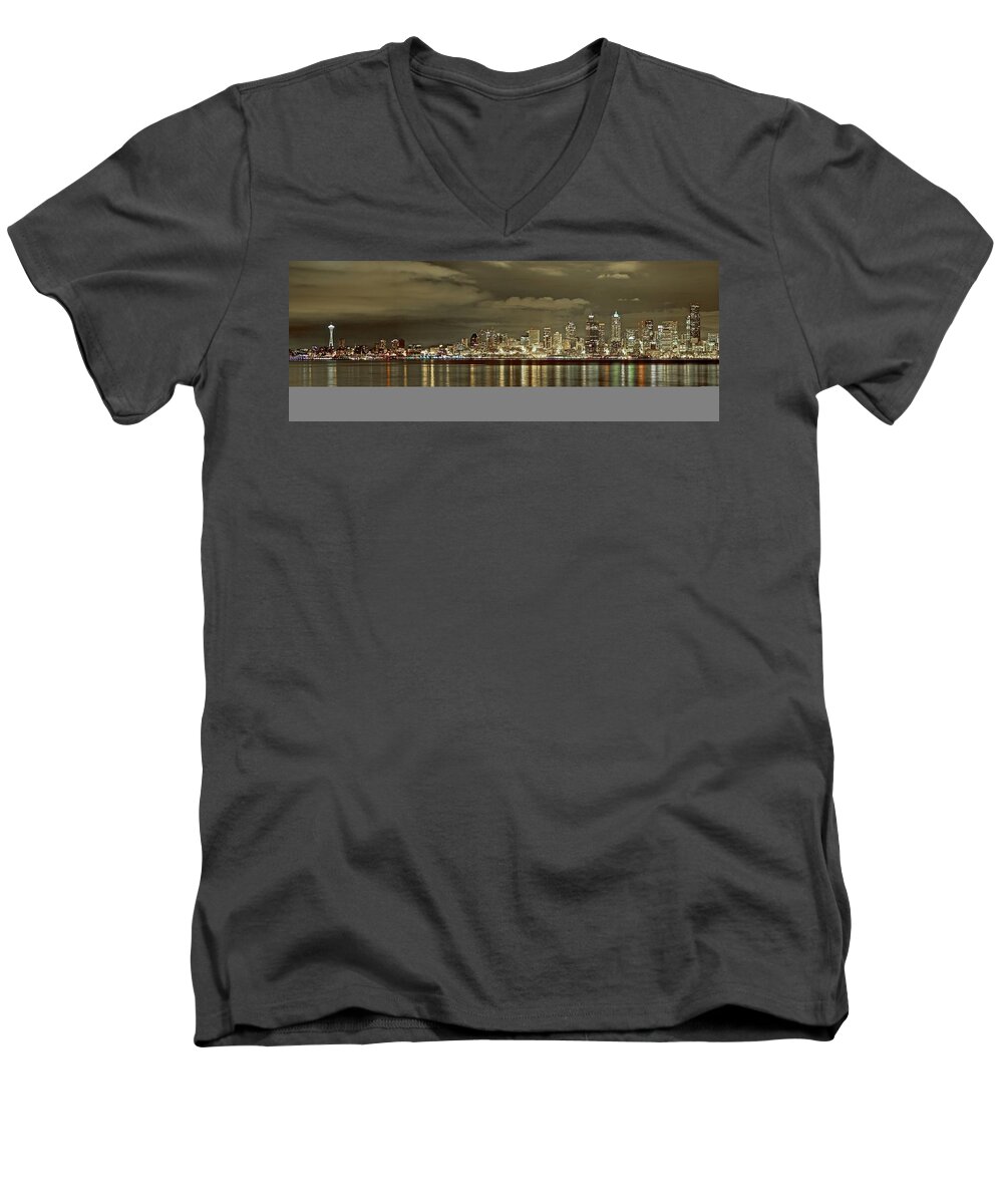 Night Photo Men's V-Neck T-Shirt featuring the photograph Seattle lights at night from Alki by SC Heffner