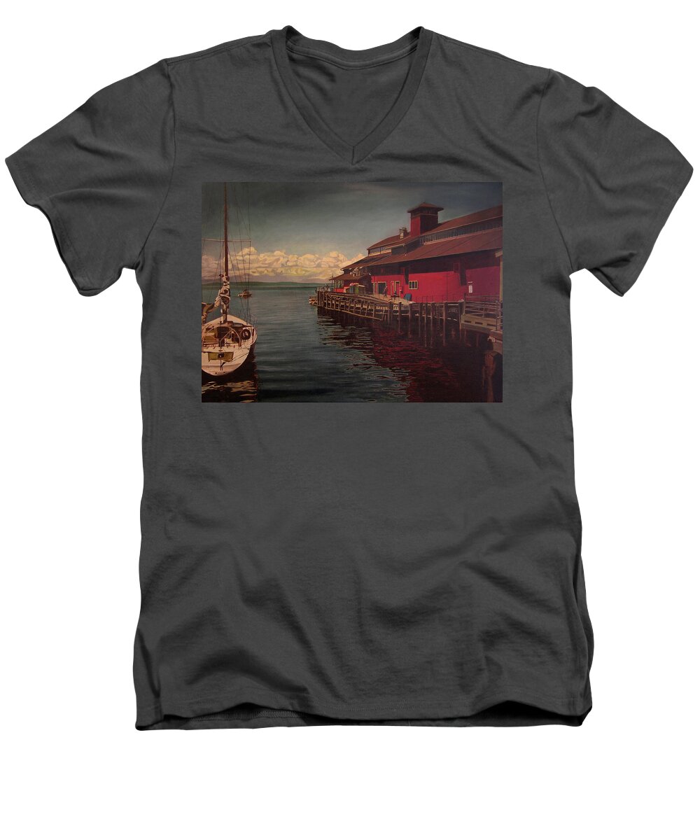 Marina Men's V-Neck T-Shirt featuring the painting Seattle Waterfront by Thu Nguyen