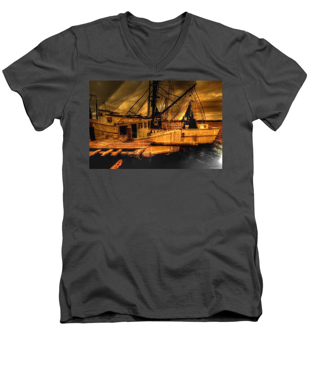  Boats Art Men's V-Neck T-Shirt featuring the photograph Secret catch by Dennis Baswell