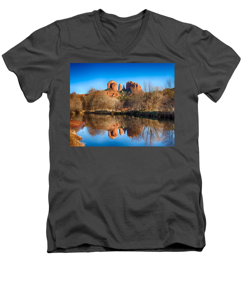 Fred Larson Men's V-Neck T-Shirt featuring the photograph Sedona Winter Reflections by Fred Larson