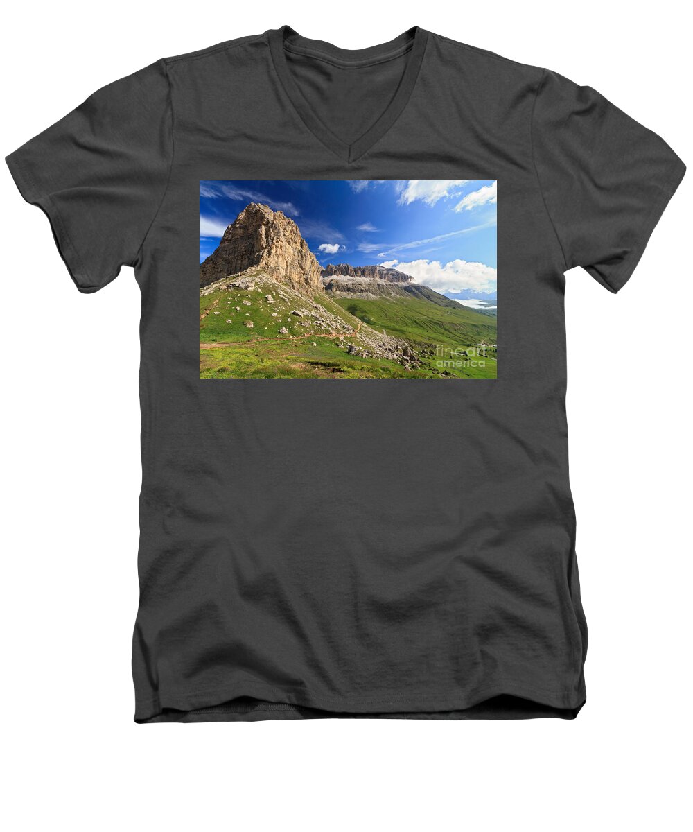 Alpine Men's V-Neck T-Shirt featuring the photograph Sella mountain and Pordoi pass by Antonio Scarpi