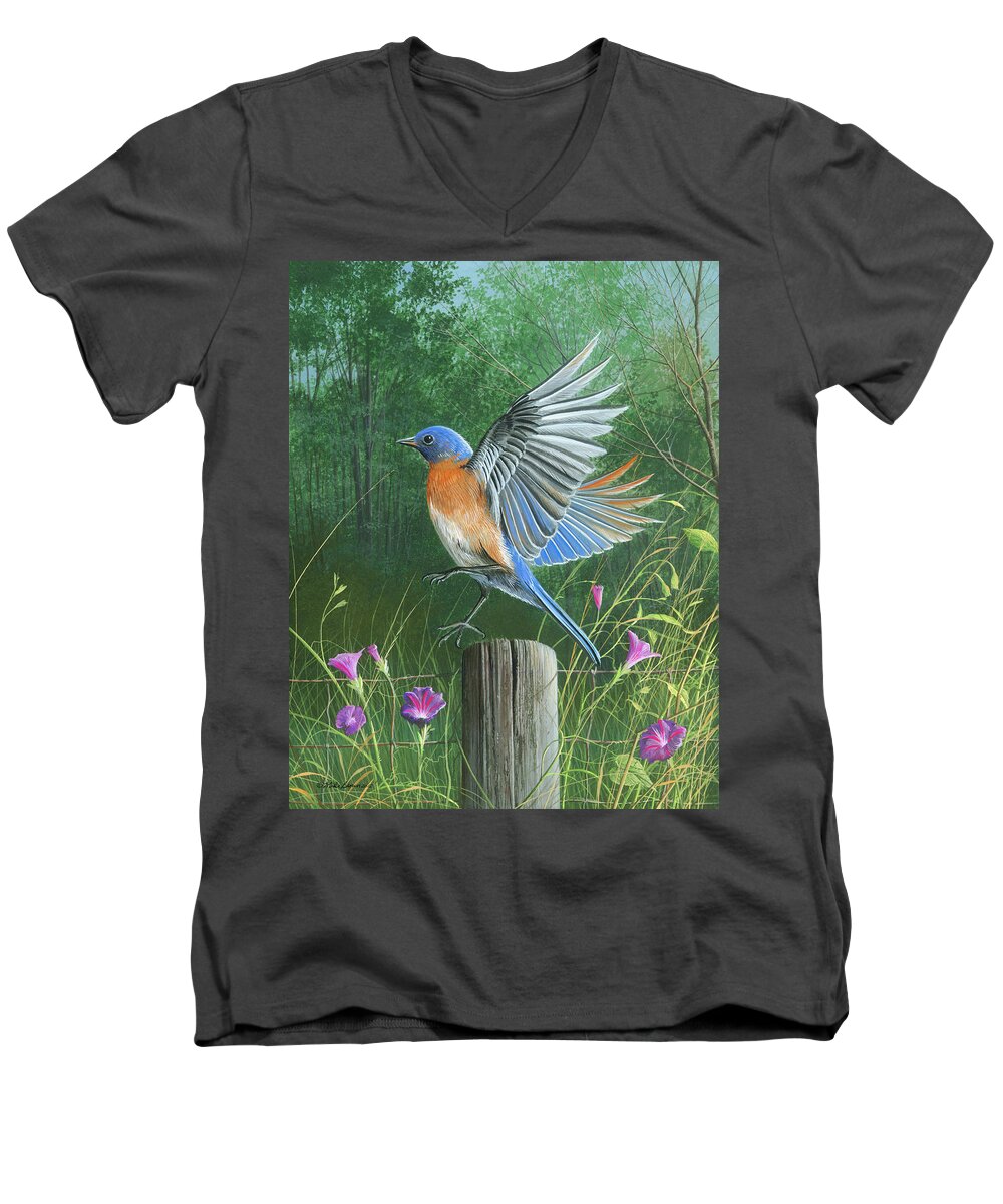 Blue Bird Men's V-Neck T-Shirt featuring the painting Shades of Blue by Mike Brown