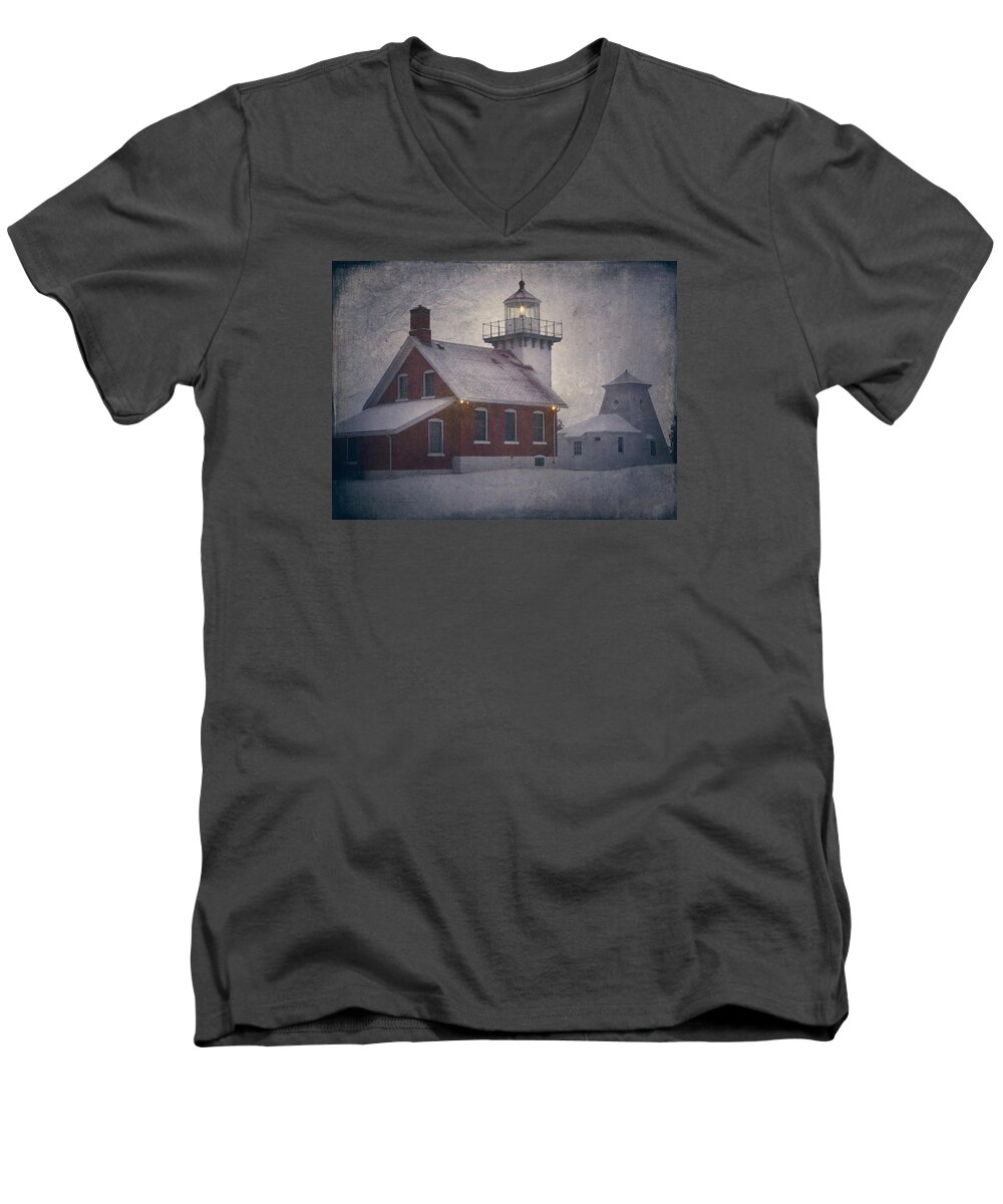 Snow Men's V-Neck T-Shirt featuring the photograph Sherwood Point Light by Joan Carroll