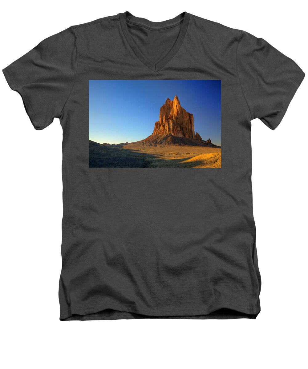 New Mexico Men's V-Neck T-Shirt featuring the photograph Shiprock Sunset by Alan Vance Ley