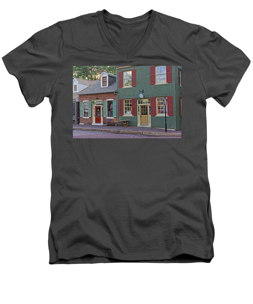 Shops Men's V-Neck T-Shirt featuring the photograph Shops S Main St Charles MO DSC00886 by Greg Kluempers