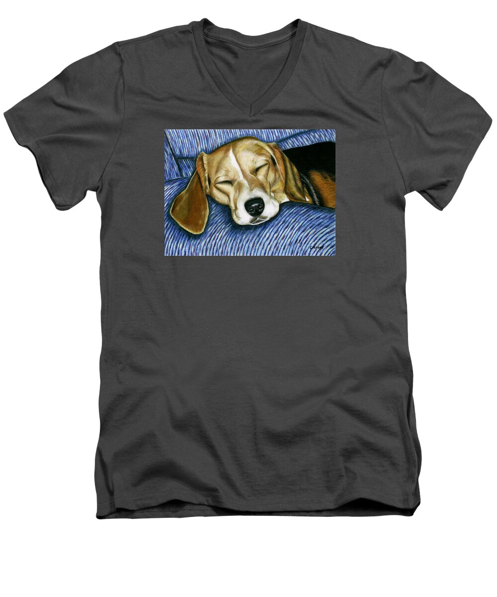 Dog Men's V-Neck T-Shirt featuring the painting Sleeping Beagle by Jill Ciccone Pike