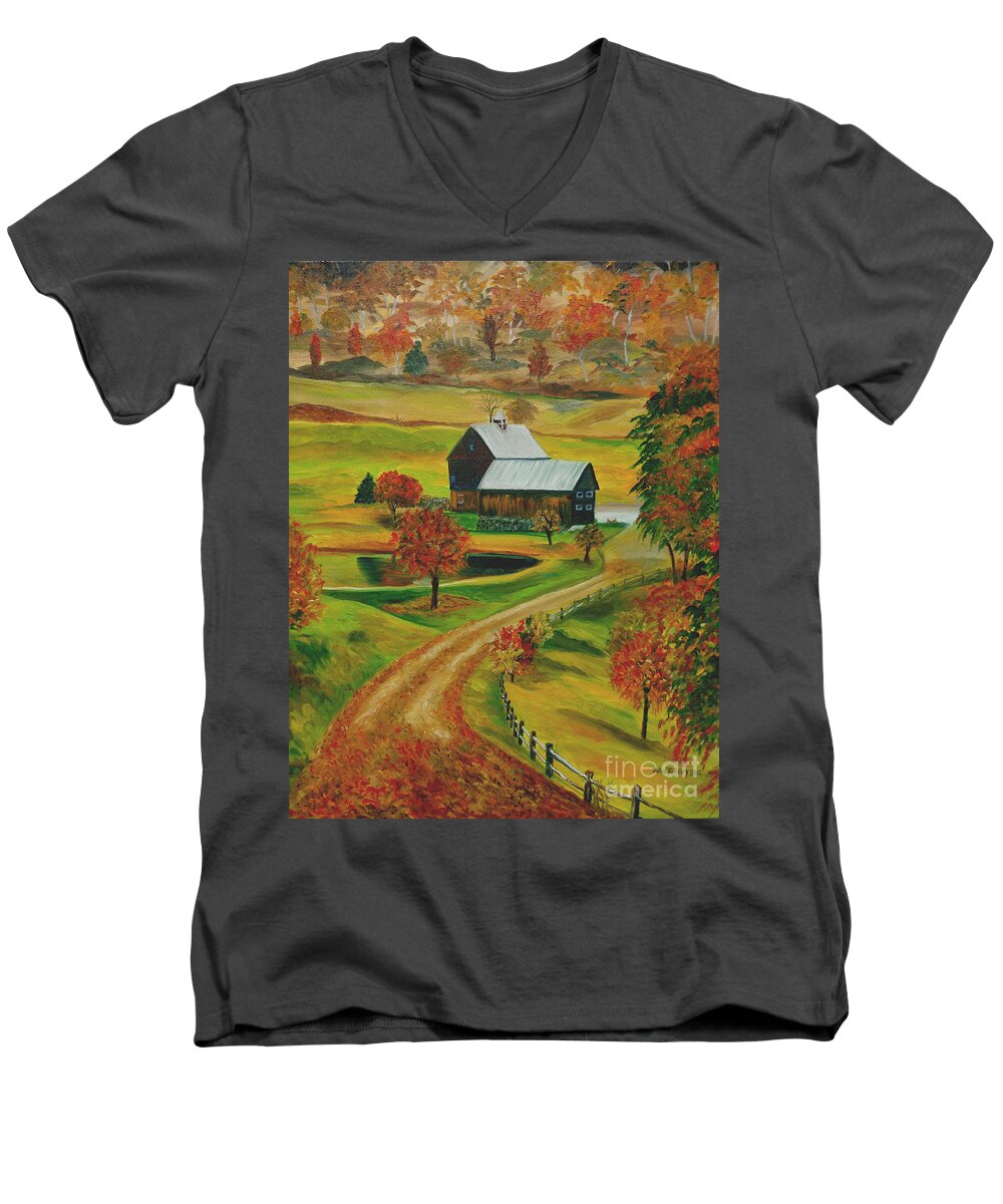 Farm Men's V-Neck T-Shirt featuring the painting Sleepy Hollow Farm by Julie Brugh Riffey