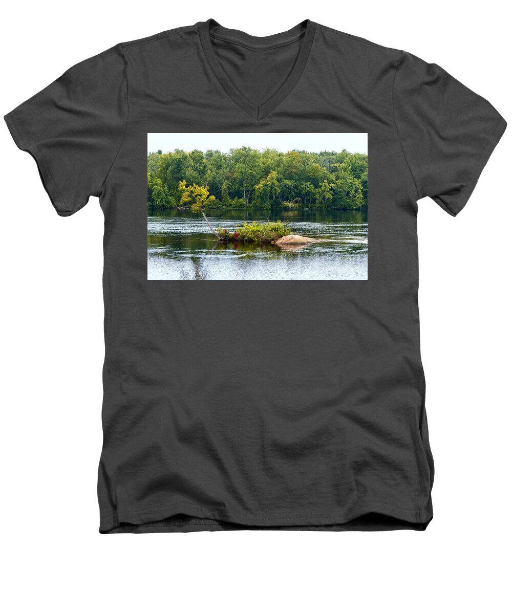 Small Men's V-Neck T-Shirt featuring the photograph Small island with an angled tree by Les Palenik