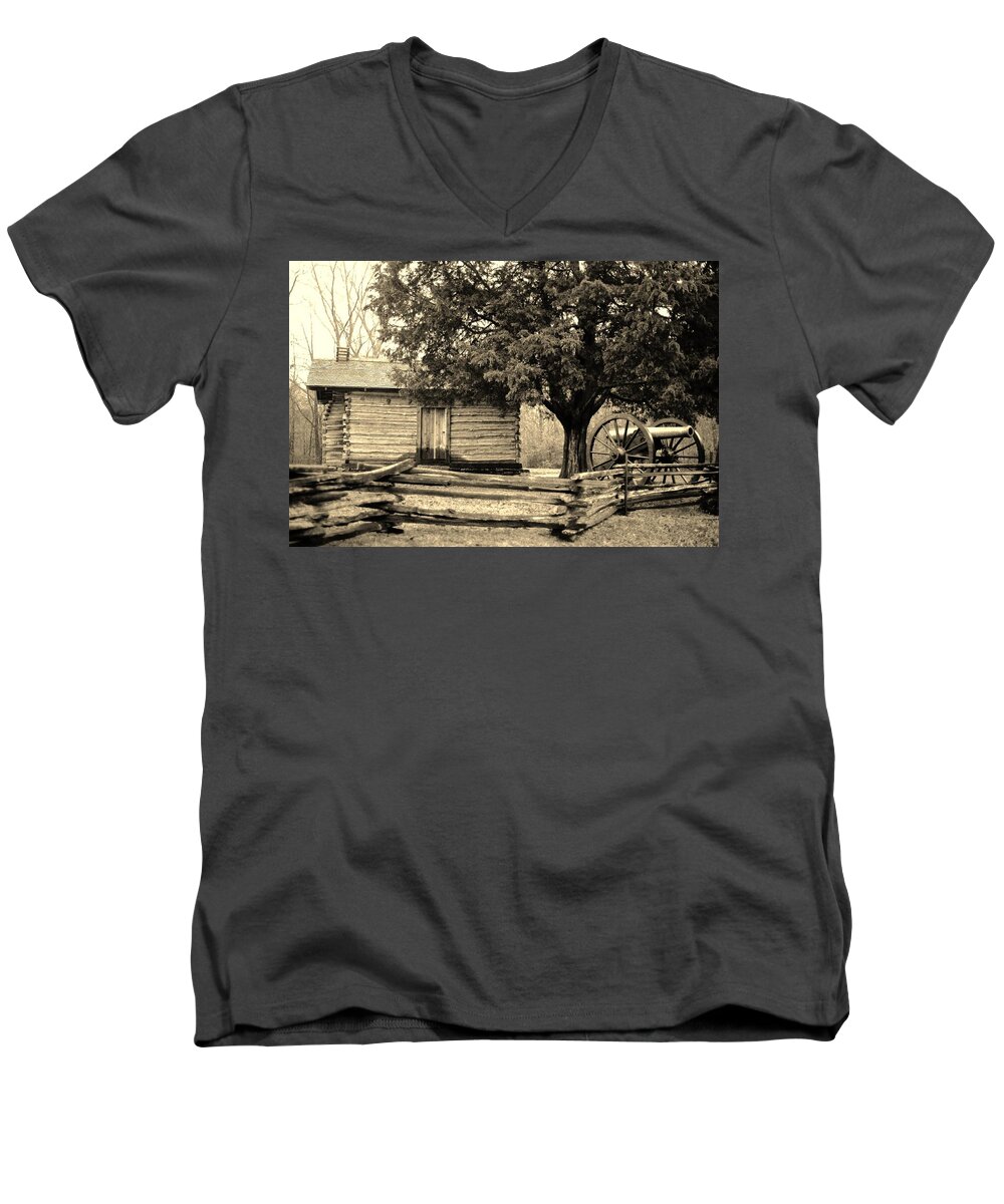 Log Cabin Men's V-Neck T-Shirt featuring the photograph Snodgrass Cabin and Cannon by Daniel Thompson
