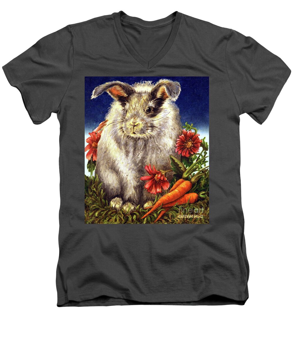 Linda Simon Men's V-Neck T-Shirt featuring the painting Some Bunny is a Fuzzy Wuzzy by Linda Simon