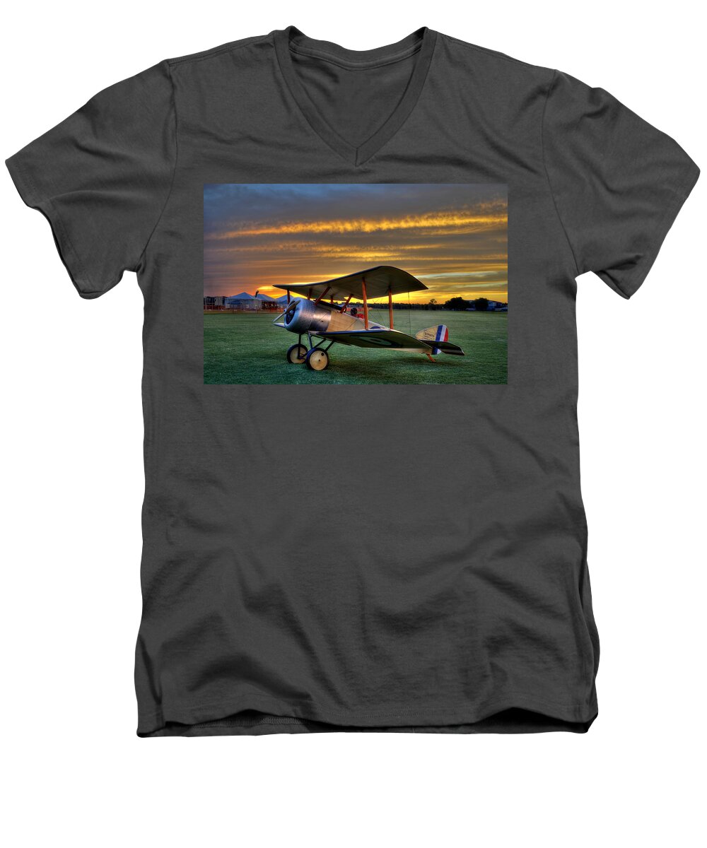 Sopwith Men's V-Neck T-Shirt featuring the photograph Sopwith Sunset by David Hart