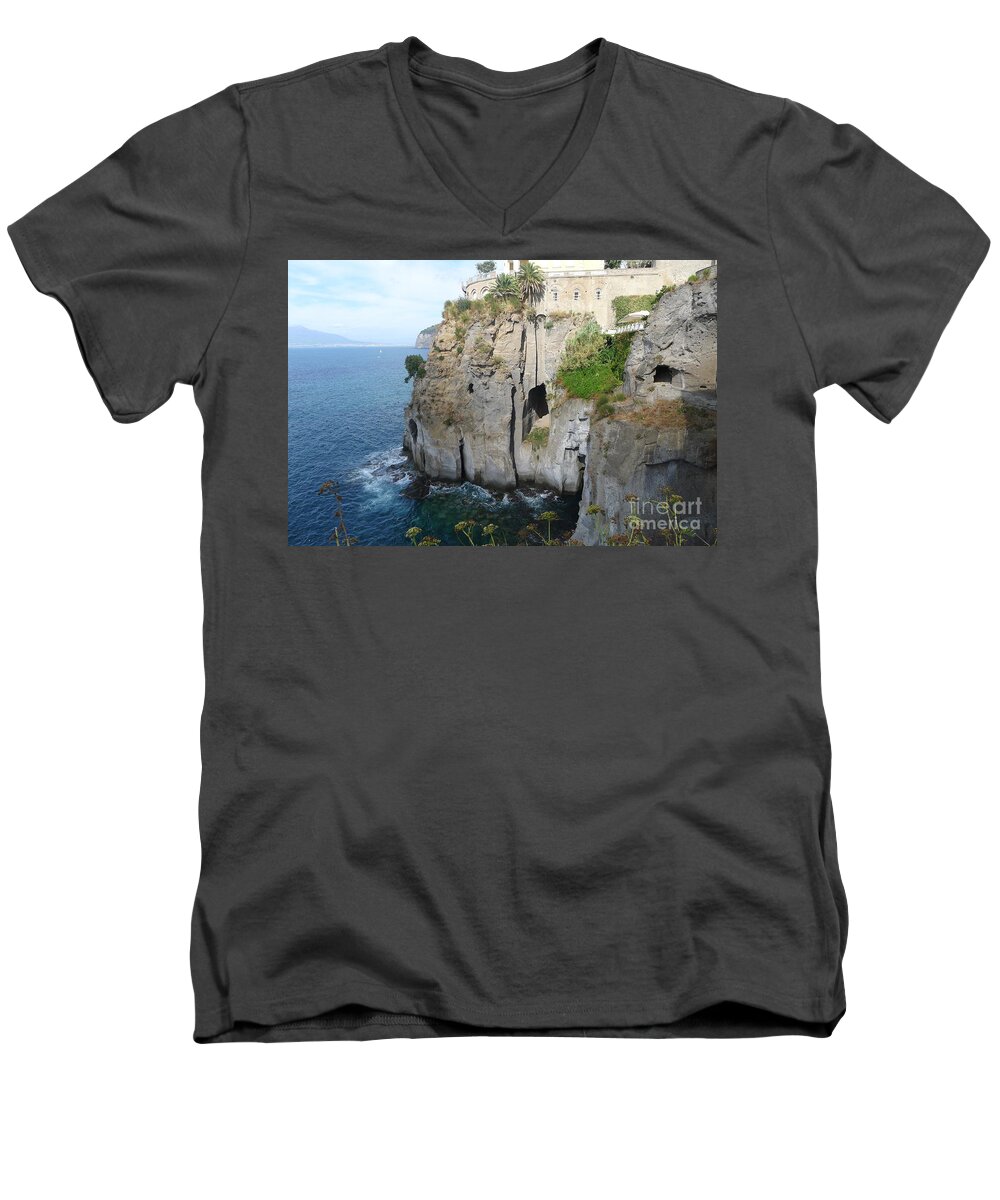 Sorrento Men's V-Neck T-Shirt featuring the photograph Sorrento - Cliffside by Nora Boghossian