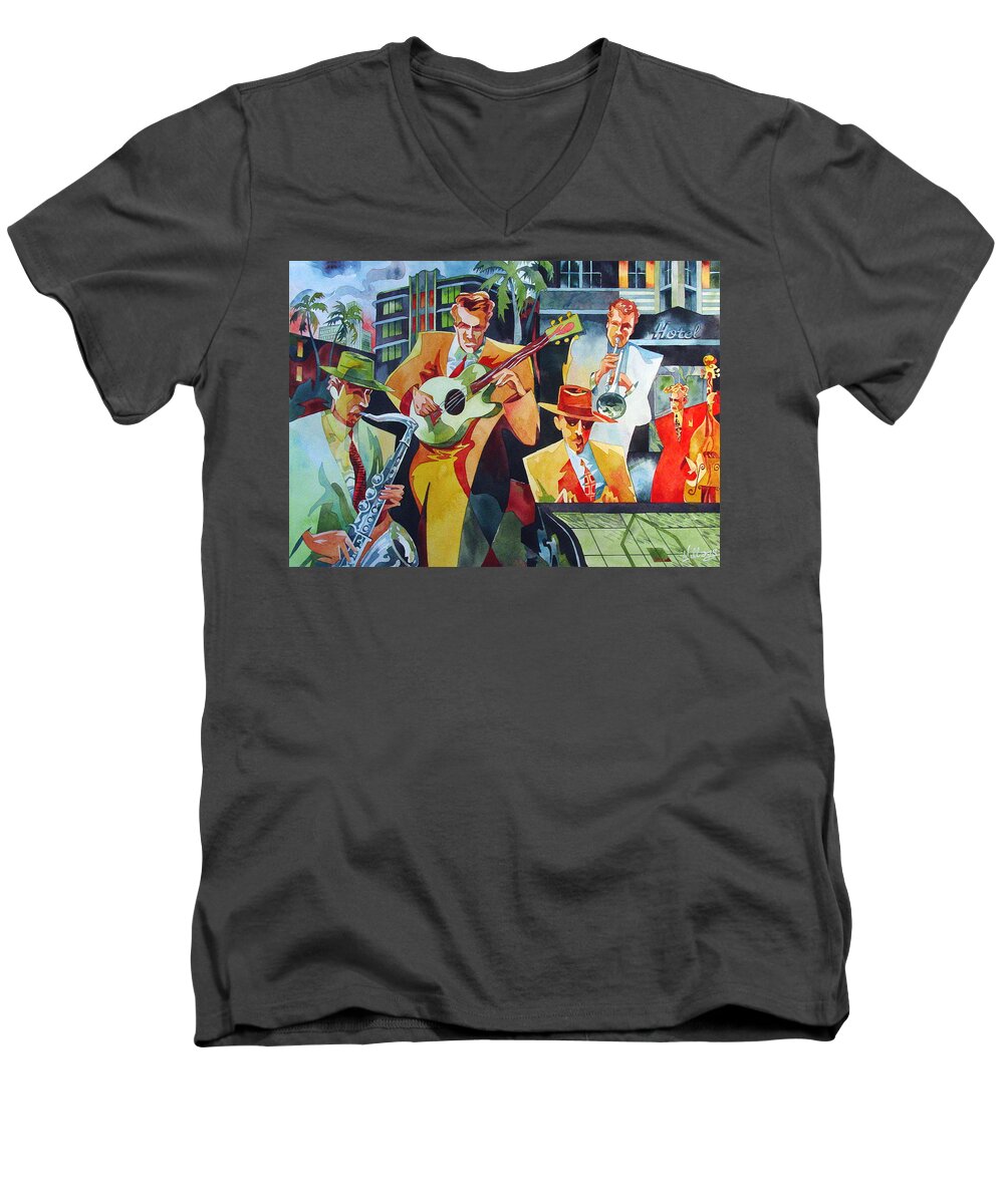 Watercolor Men's V-Neck T-Shirt featuring the painting South Beach Rhythm by Mick Williams