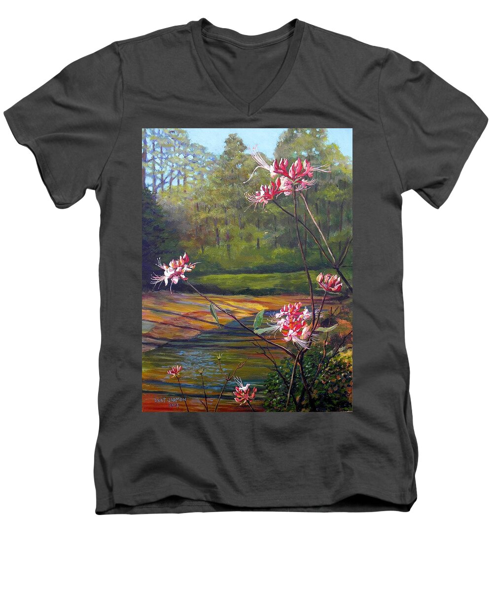 Natchez Trace Men's V-Neck T-Shirt featuring the painting Spring Blooms on the Natchez Trace by Jeanette Jarmon