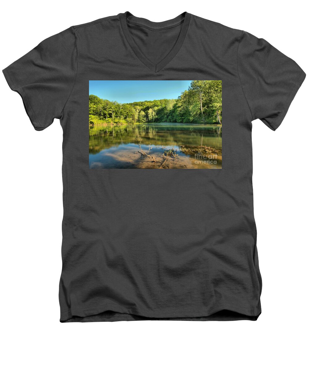 Spring Mill Lake Men's V-Neck T-Shirt featuring the photograph Spring Mill Lake by Adam Jewell