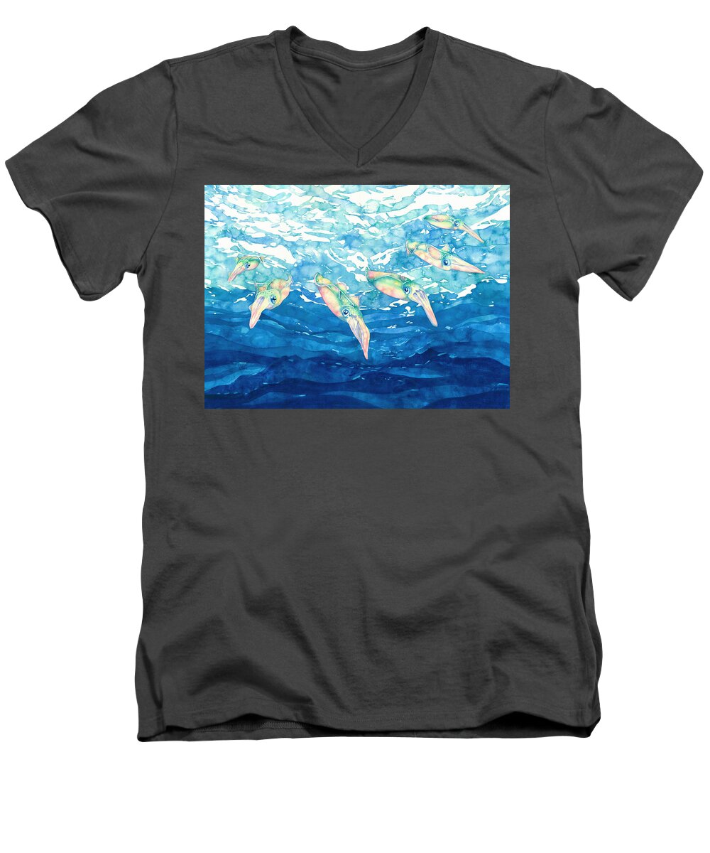 Squid Men's V-Neck T-Shirt featuring the painting Squid Ballet by Pauline Walsh Jacobson