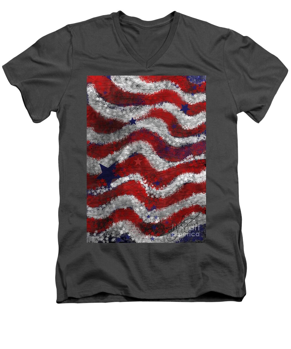 Flag Men's V-Neck T-Shirt featuring the painting Starry Stripes by Carol Jacobs