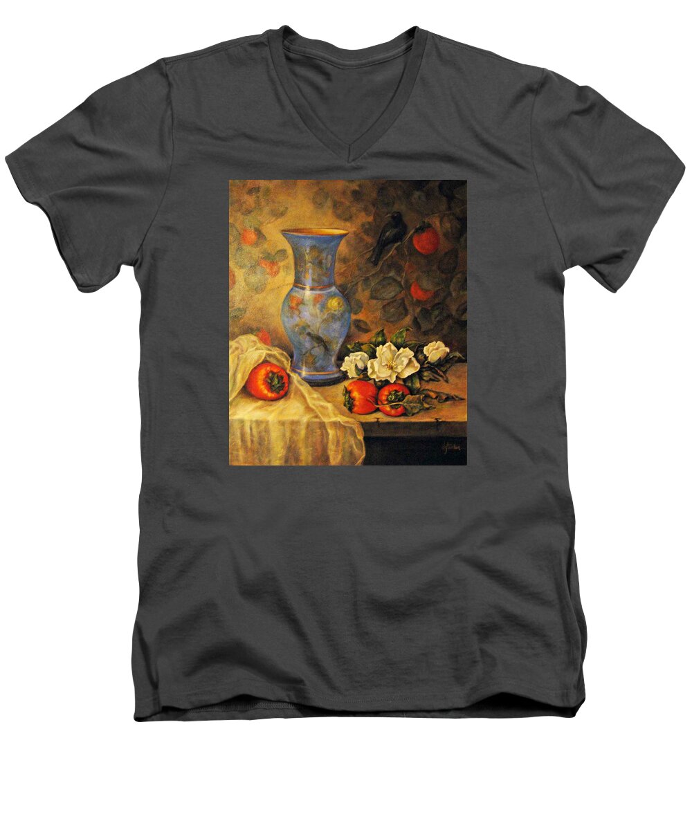 Fruit Men's V-Neck T-Shirt featuring the painting Still Life of Persimmons by Donna Tucker