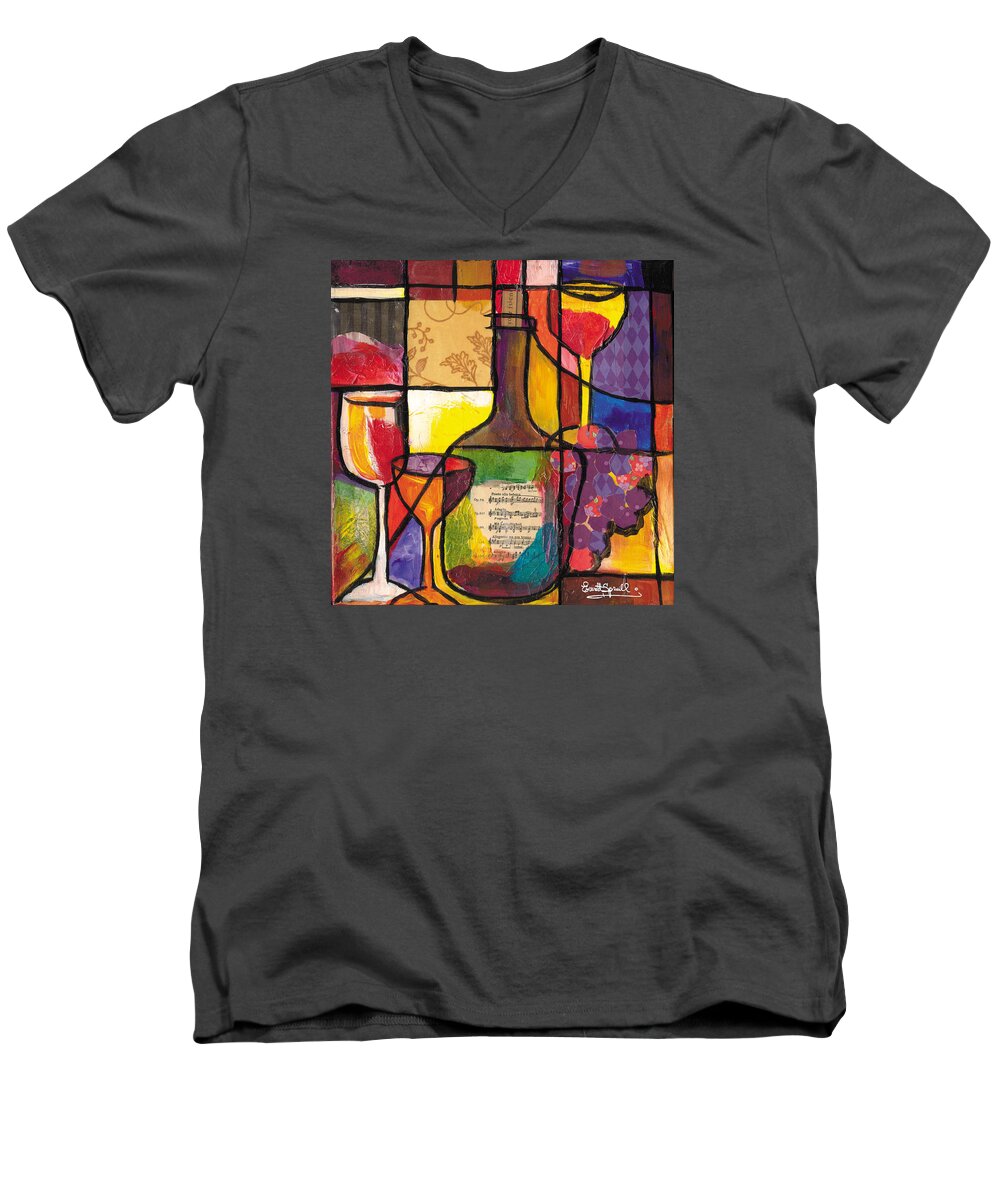 Everett Spruill Men's V-Neck T-Shirt featuring the mixed media Still Life with Wine and Fruit by Everett Spruill