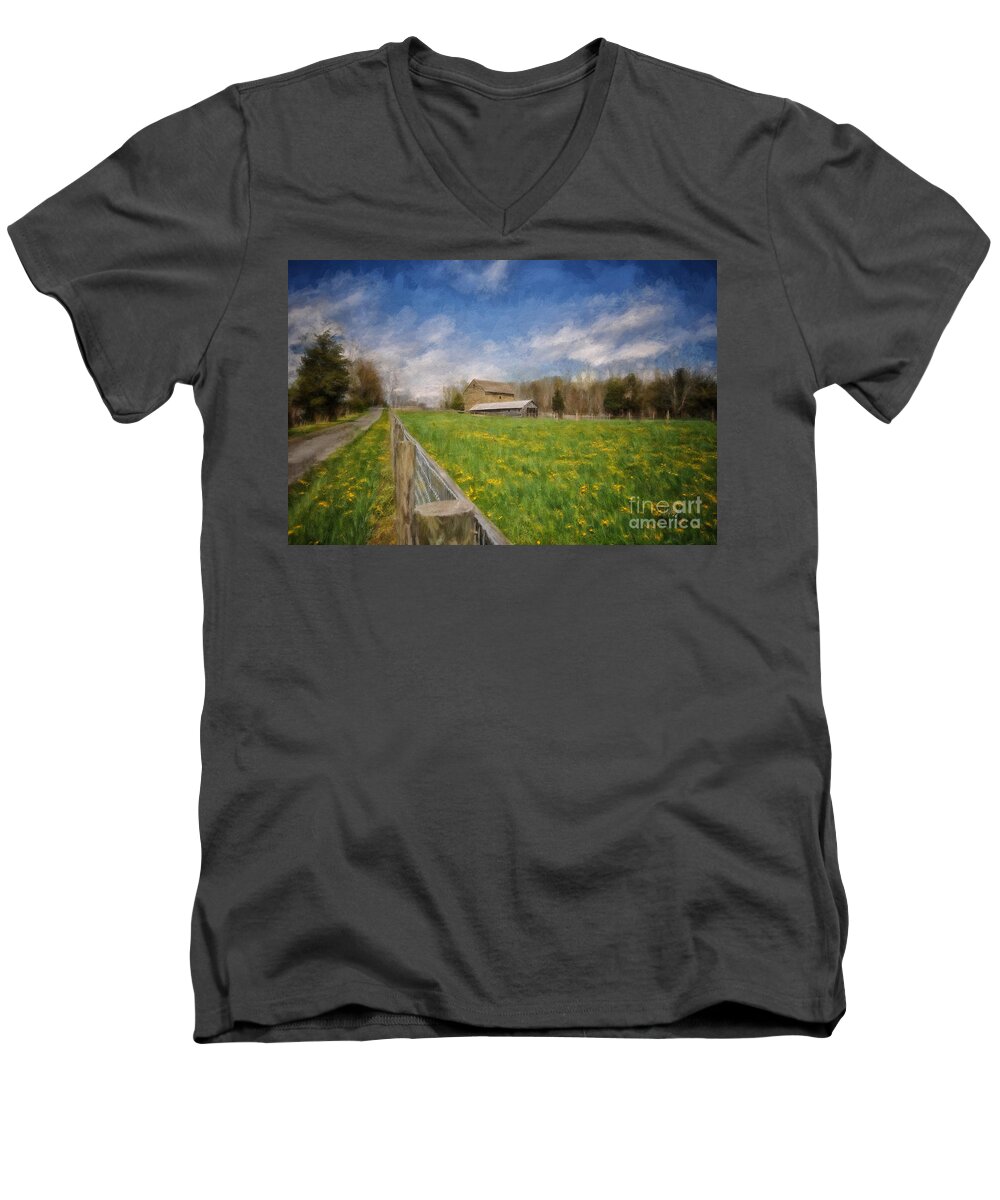 Barn Men's V-Neck T-Shirt featuring the digital art Stone Barn On A Spring Morning by Lois Bryan
