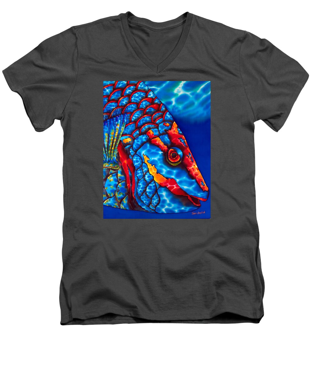 Parrot Fish Men's V-Neck T-Shirt featuring the painting Stoplight Parrotfish by Daniel Jean-Baptiste