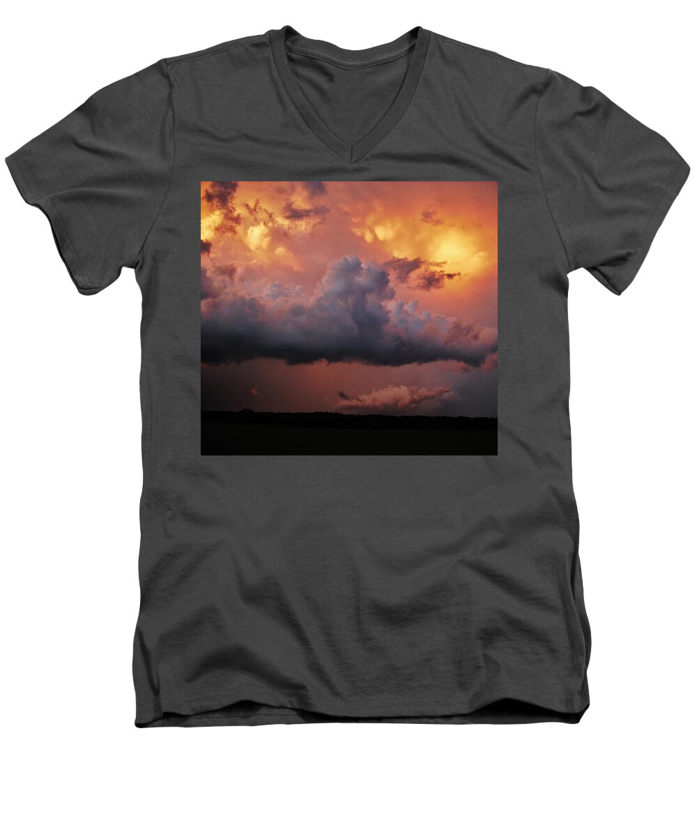 Supercell Men's V-Neck T-Shirt featuring the photograph Stormy Sunset by Ed Sweeney
