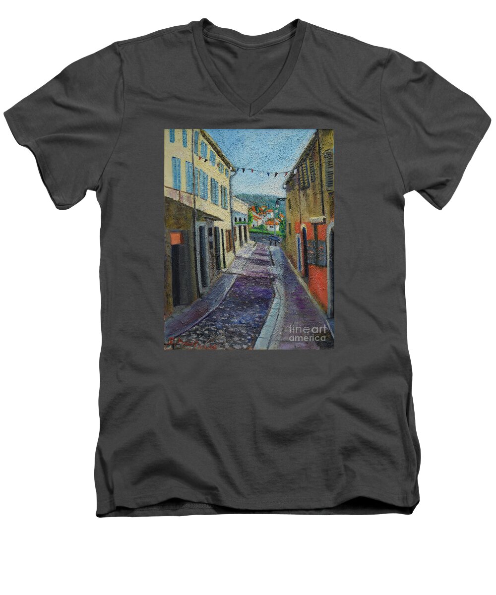 Raija Merila Men's V-Neck T-Shirt featuring the painting Street View From Provence by Raija Merila