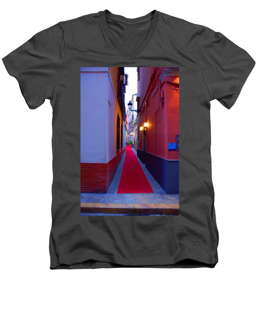 Seville Men's V-Neck T-Shirt featuring the photograph Streets of Seville - Red Carpet by AM FineArtPrints