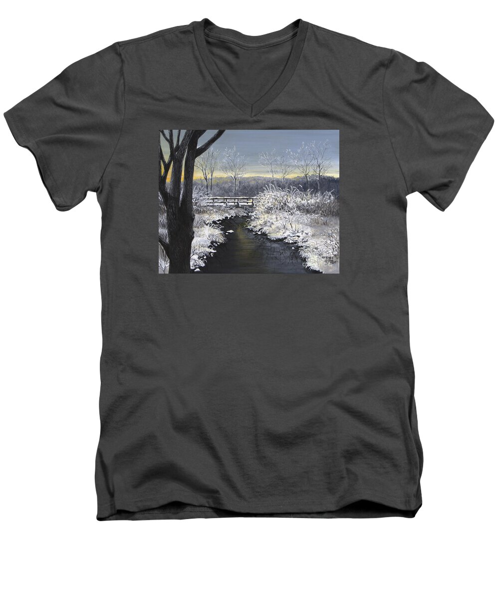 Winter Men's V-Neck T-Shirt featuring the painting Sugared Sunrise by Mary Palmer