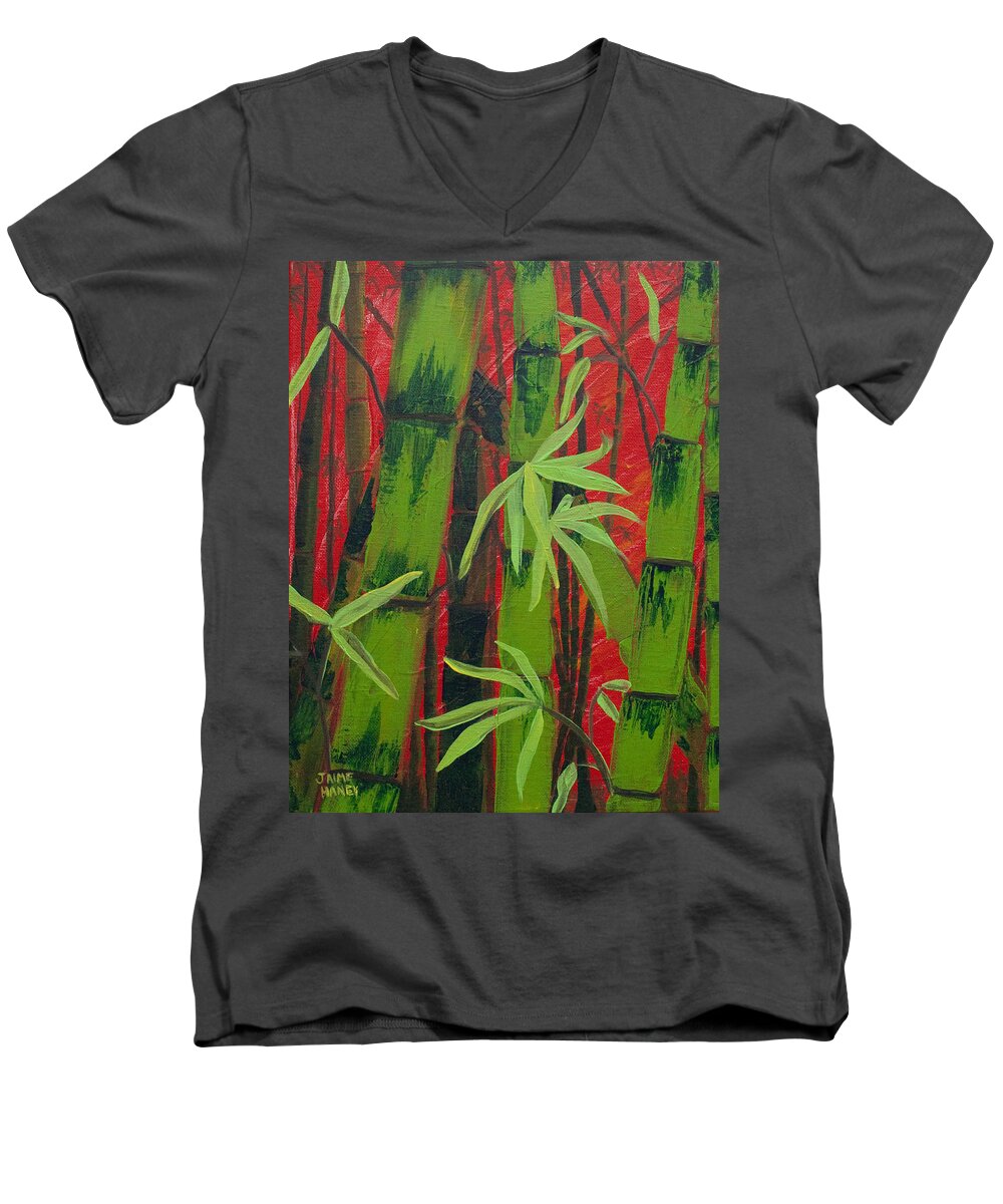 Bamboo Men's V-Neck T-Shirt featuring the painting Sultry Bamboo Forest acrylic painting by Jaime Haney