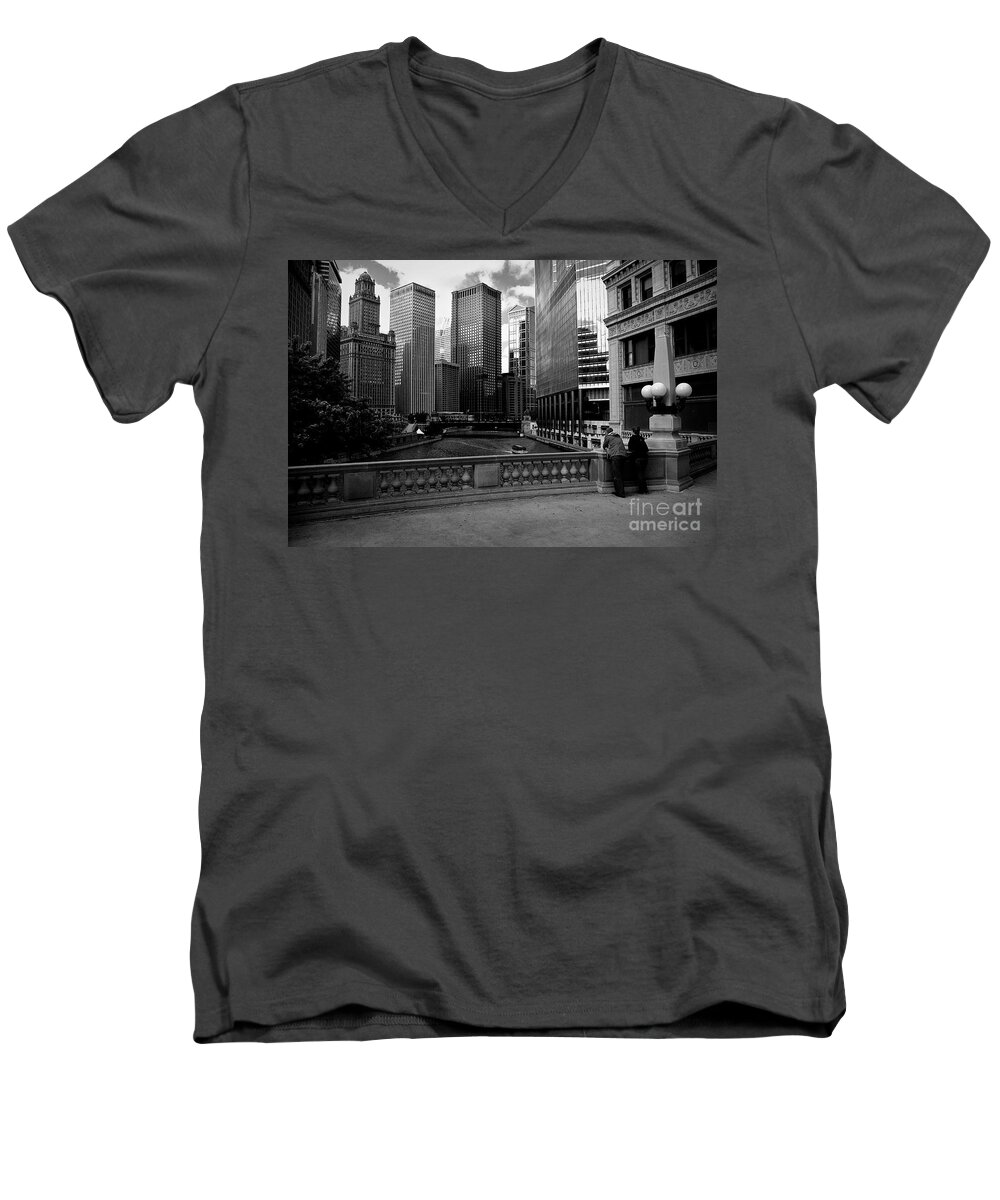 Usa Men's V-Neck T-Shirt featuring the photograph Summer on the Chicago River - Black and White by Frank J Casella