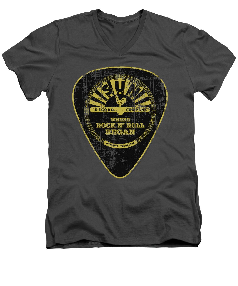 Sun Record Company Men's V-Neck T-Shirt featuring the digital art Sun - Guitar Pick by Brand A