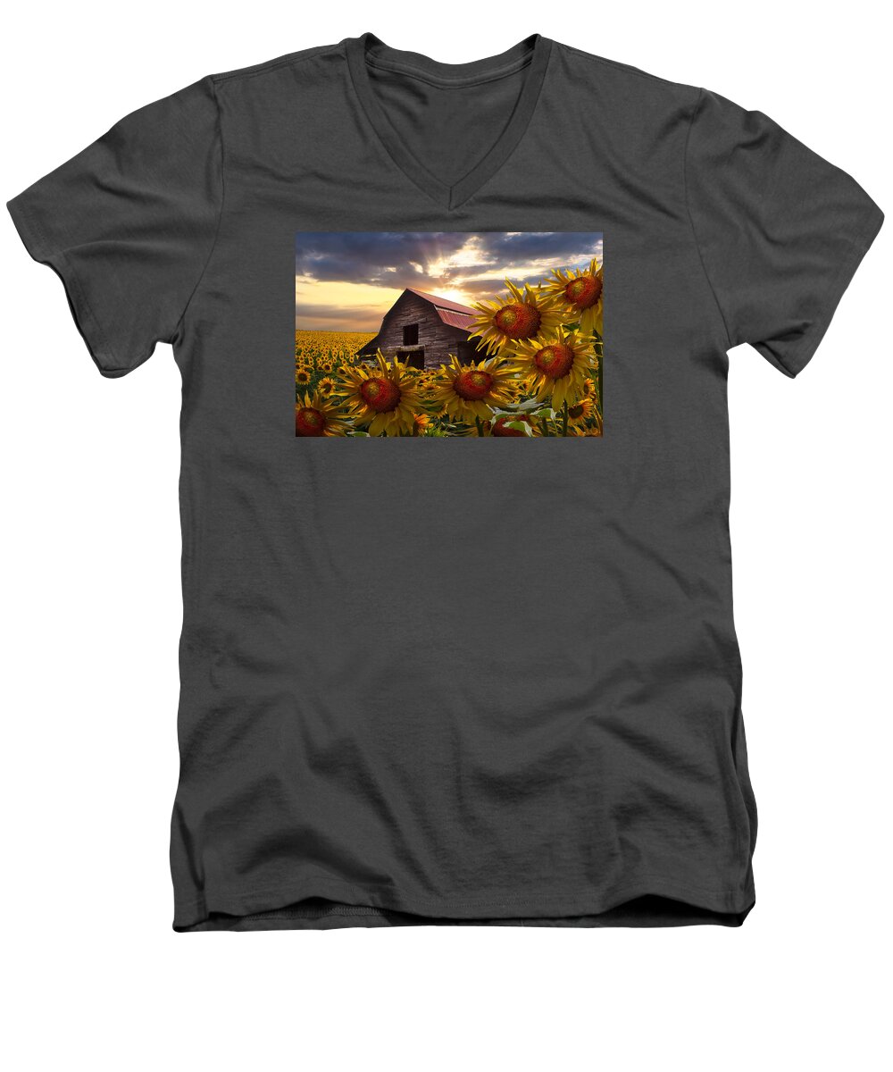 Barn Men's V-Neck T-Shirt featuring the photograph Sunflower Dance by Debra and Dave Vanderlaan
