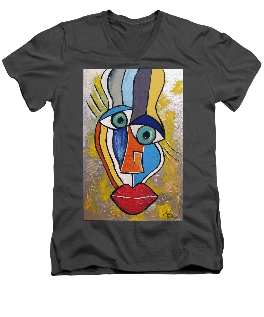 Face Men's V-Neck T-Shirt featuring the mixed media Sunny Face by Artista Elisabet