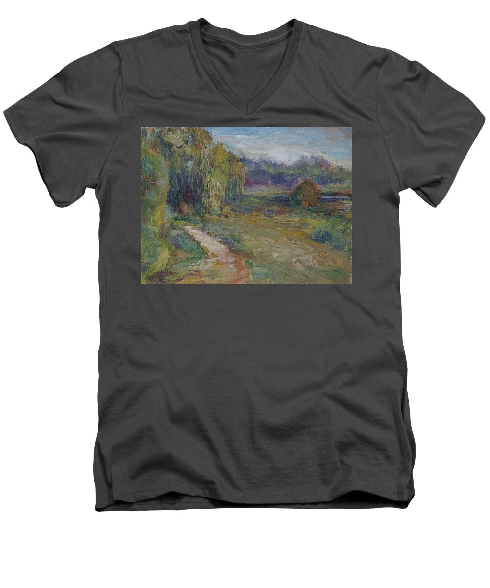 Sky Men's V-Neck T-Shirt featuring the painting Sunny Morning in the Park -Wetlands - Original - Textural Palette Knife Painting by Quin Sweetman