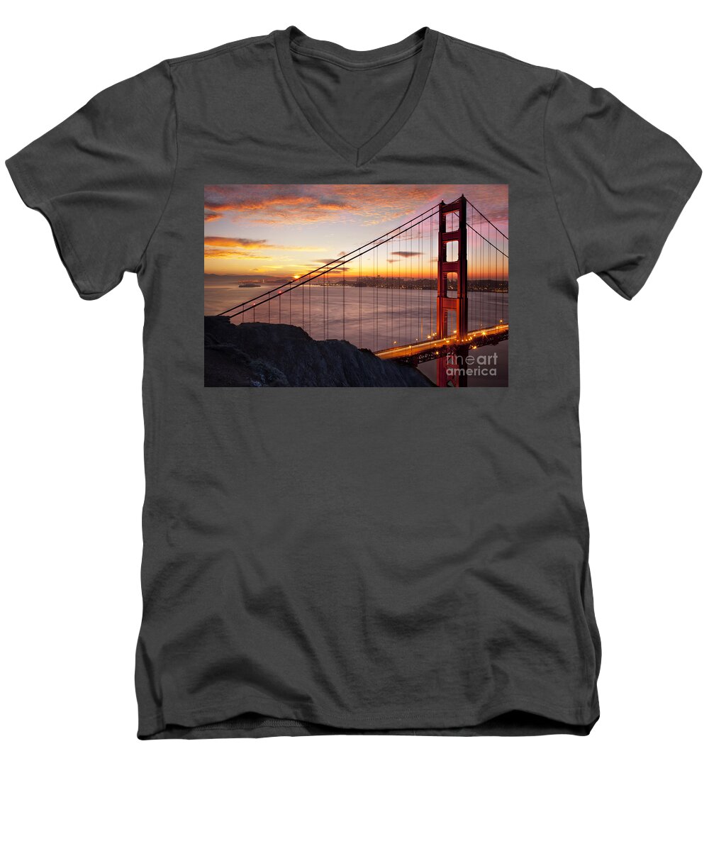 Sunrise Men's V-Neck T-Shirt featuring the photograph Sunrise over the Golden Gate Bridge by Brian Jannsen