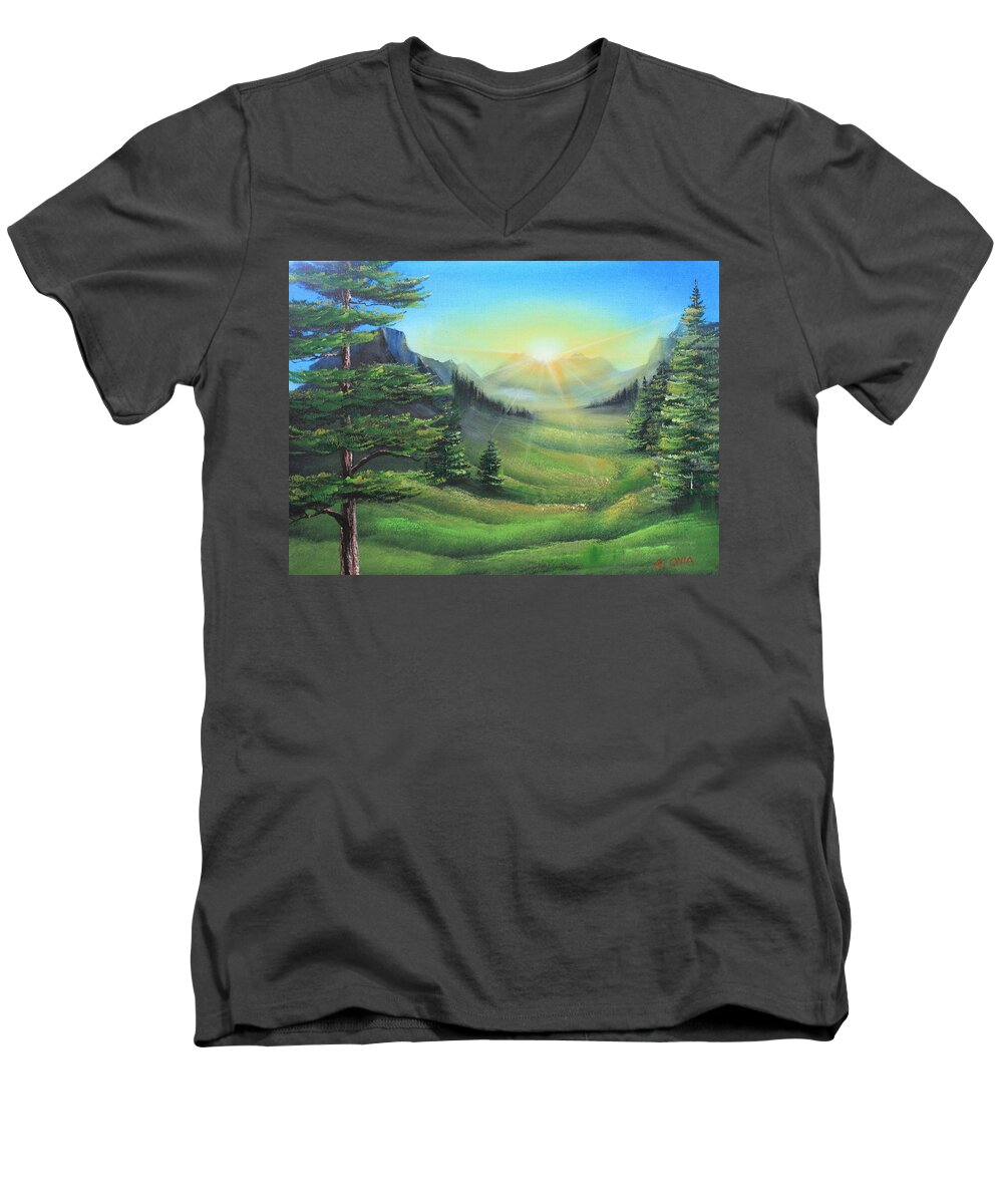 Landscape Painting Men's V-Neck T-Shirt featuring the painting Sunrise by Remegio Onia