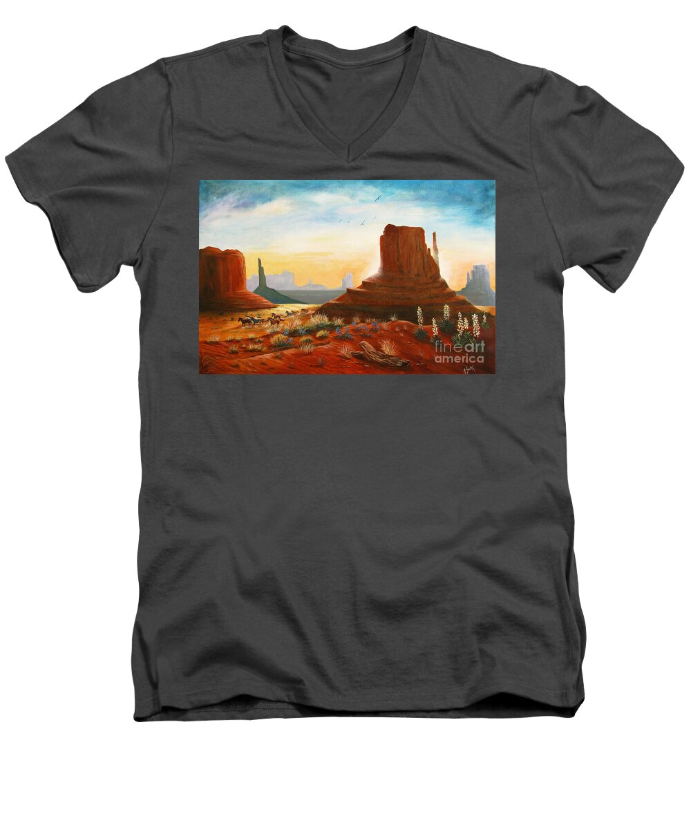 Monument Valley Scene Men's V-Neck T-Shirt featuring the painting Sunrise Stampede by Marilyn Smith