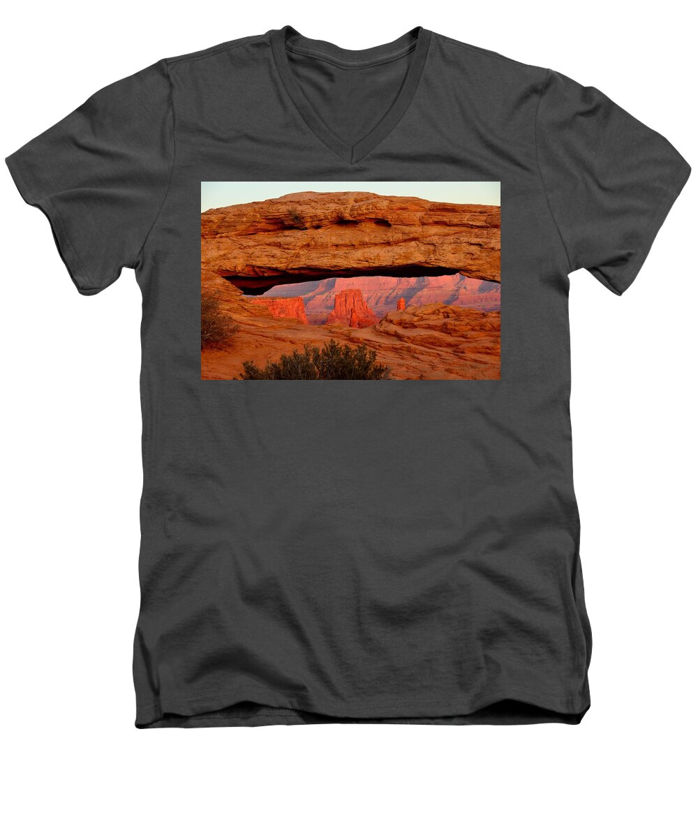 Mesa Men's V-Neck T-Shirt featuring the photograph Sunset at Mesa Arch by Tranquil Light Photography