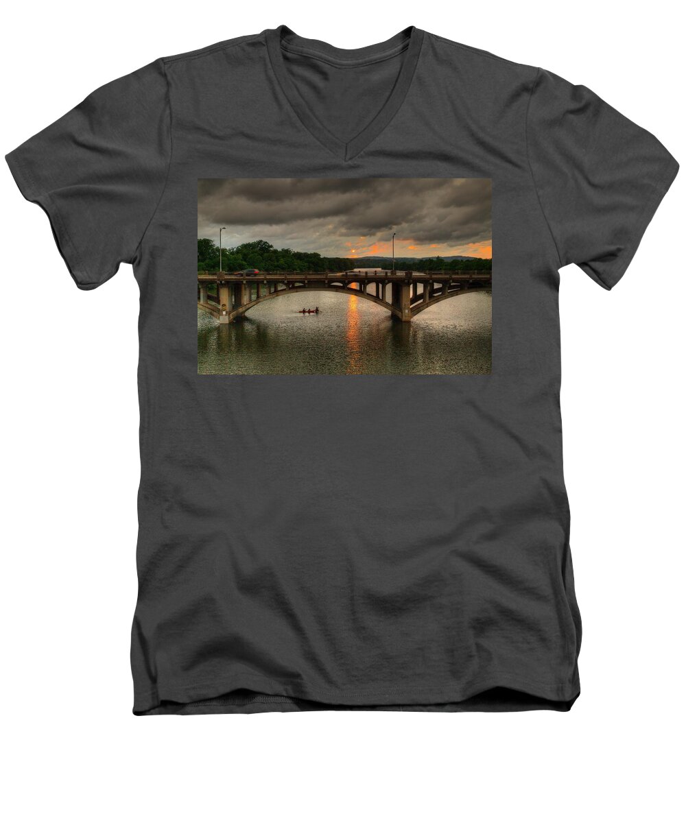 Austin Men's V-Neck T-Shirt featuring the photograph Sunset Fighting Through by Dave Files