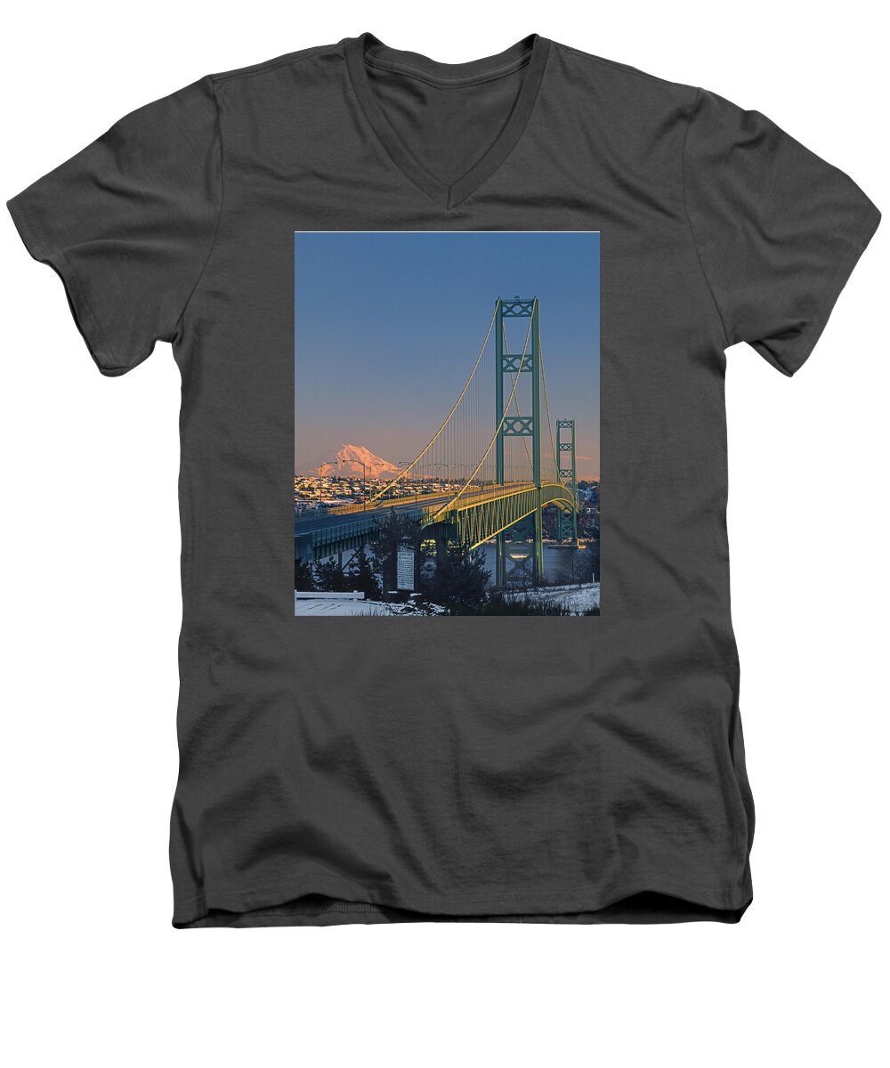 Sunset Men's V-Neck T-Shirt featuring the photograph 1A4Y20-V-Sunset on Rainier with the Tacoma Narrows Bridge by Ed Cooper Photography