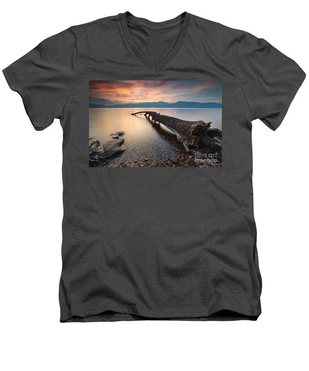 Idyllic Men's V-Neck T-Shirt featuring the photograph Sunset over fallen tree Lake Maggiore Italy by Matteo Colombo