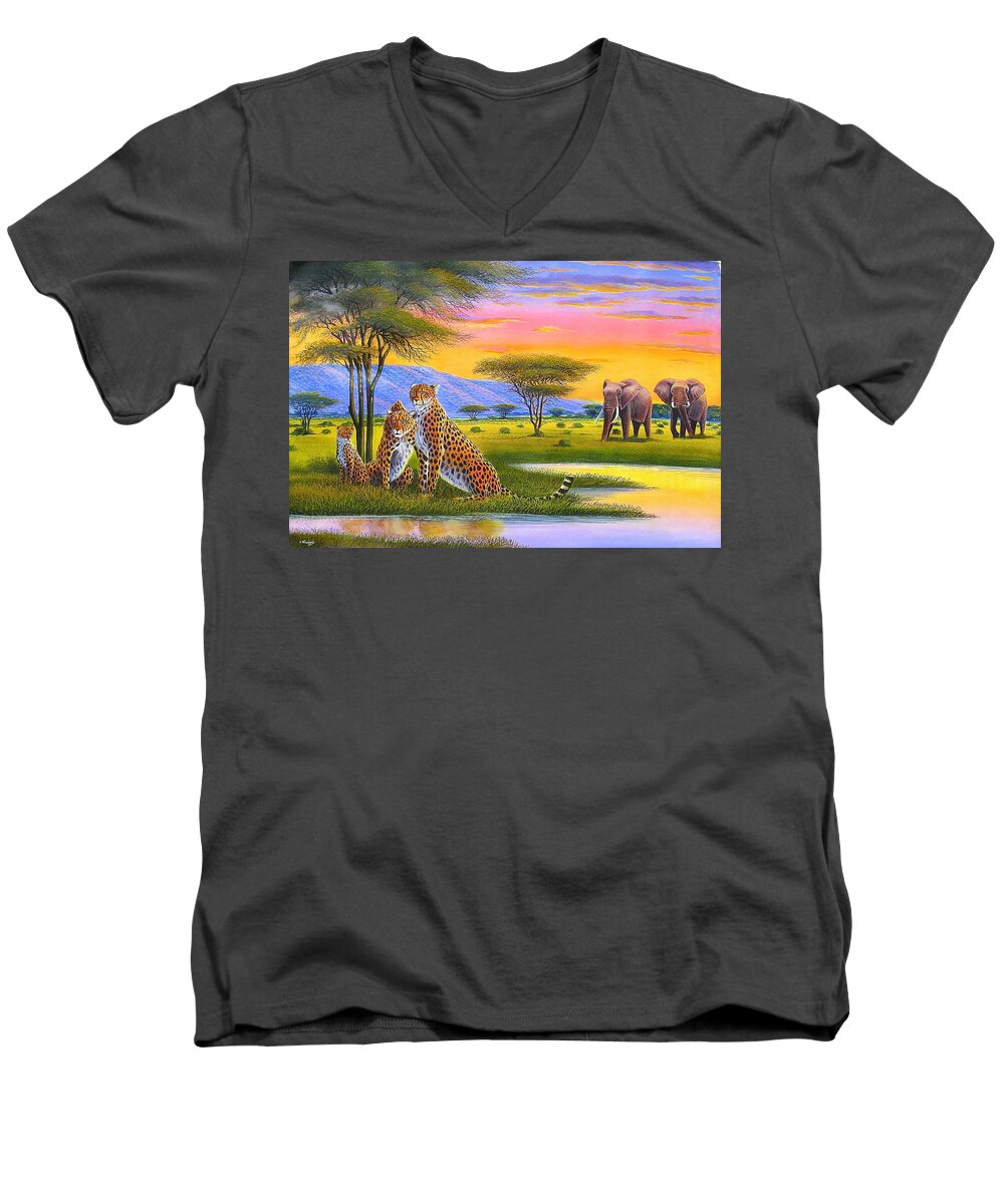African Paintings Men's V-Neck T-Shirt featuring the painting Sunset Watch by Jane Wanjeri