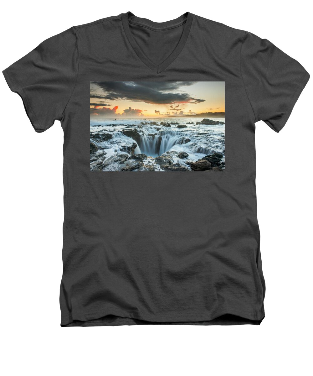 Coast Men's V-Neck T-Shirt featuring the photograph Surf Spills Into A Hole In A Rock by Carl Johnson