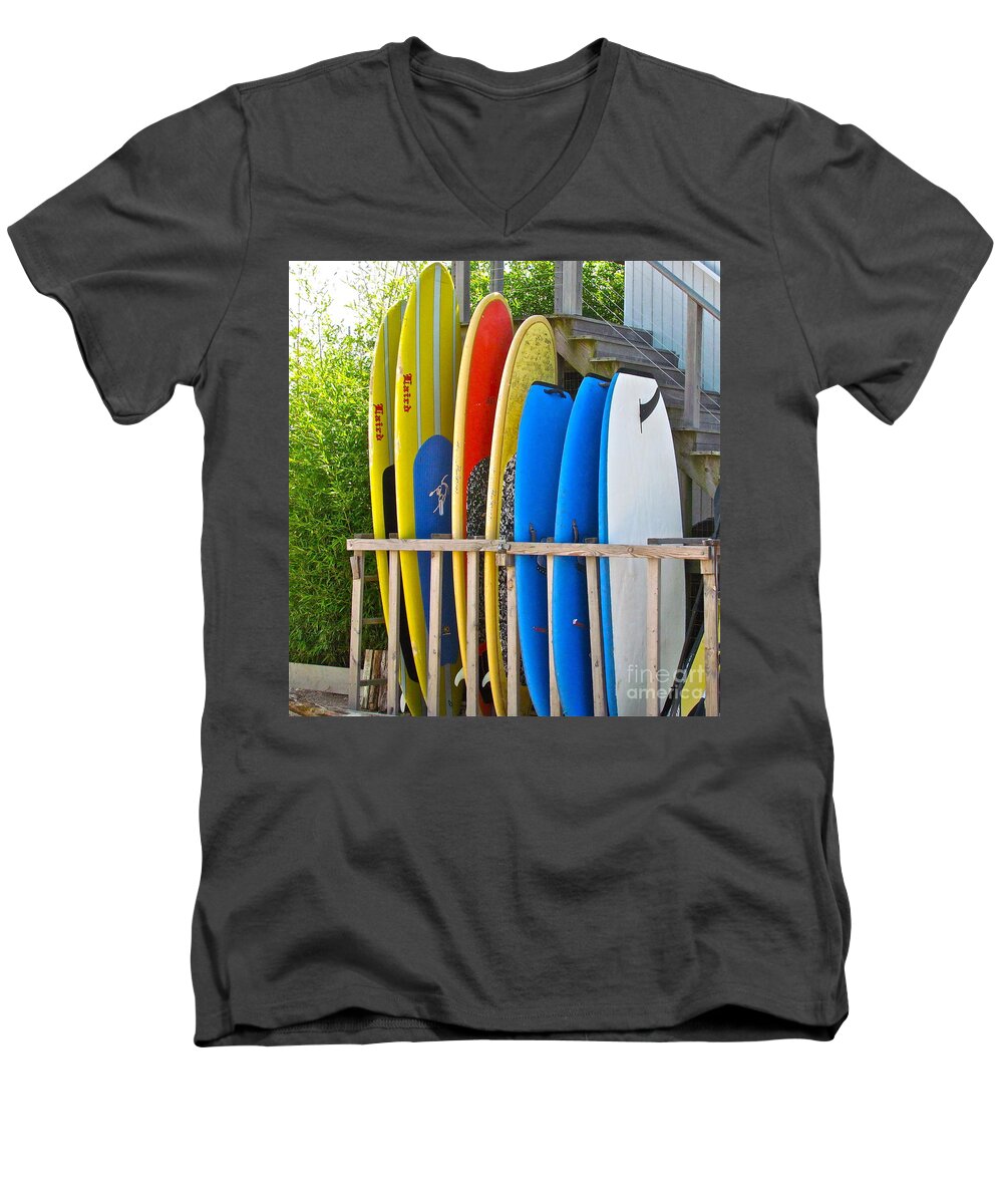 Surfboards Men's V-Neck T-Shirt featuring the photograph Surfer dudes II by Beth Saffer