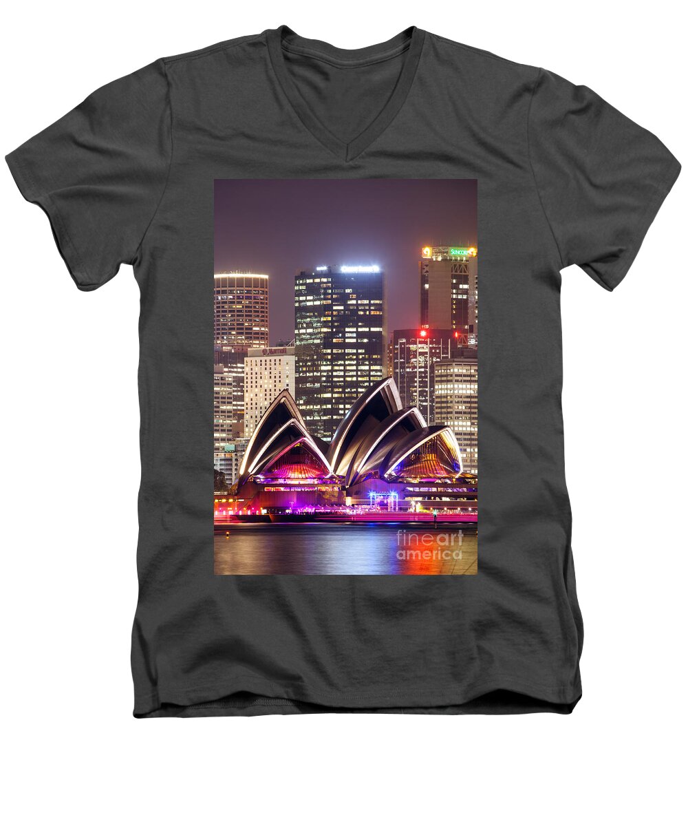 Opera House Men's V-Neck T-Shirt featuring the photograph Sydney skyline at night with Opera House - Australia by Matteo Colombo